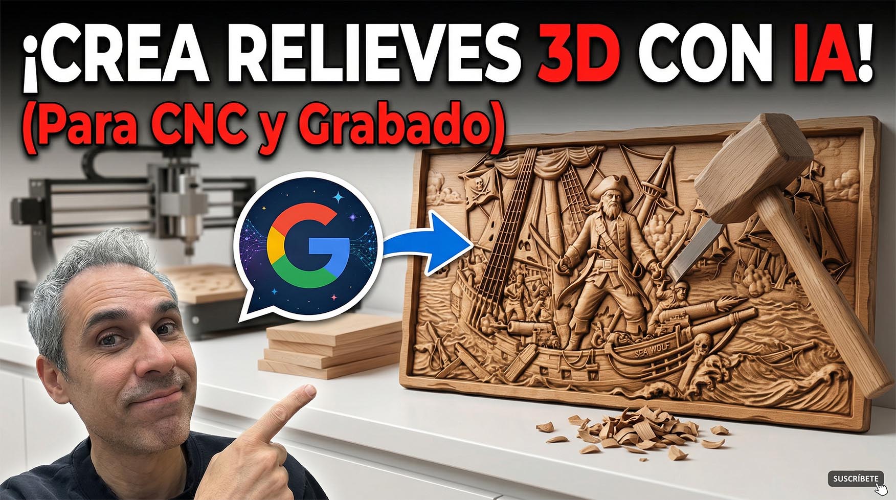 CREA RELIEVES 3D CON IA - PARA CNC Una miniatura de YouTube con Marcos Muñoz señalando un relieve de pirata tallado en madera por CNC. Incluye el logo de Google Gemini y texto en español: '¡CREA RELIEVES 3D CON IA! (Para CNC y Grabado)'.